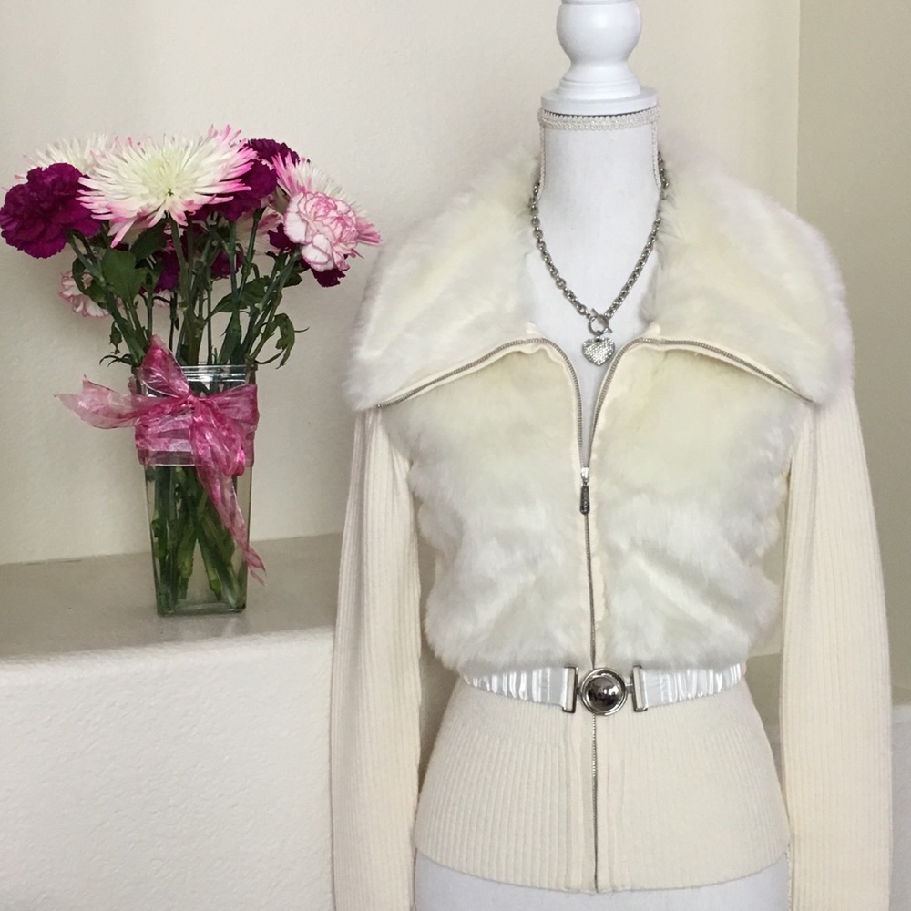 White House Black Market faux fur zip up sweater